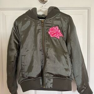 Green Bomber Jacket with Pink Rose Patch